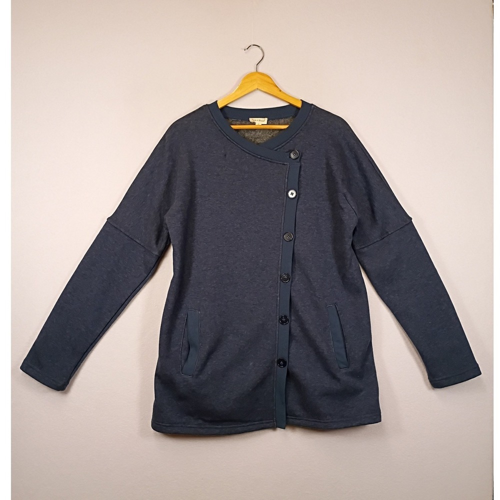 Minimalist Hem & Thread Women S Navy Blue Asymmetric Button Fleece Lined Jacket